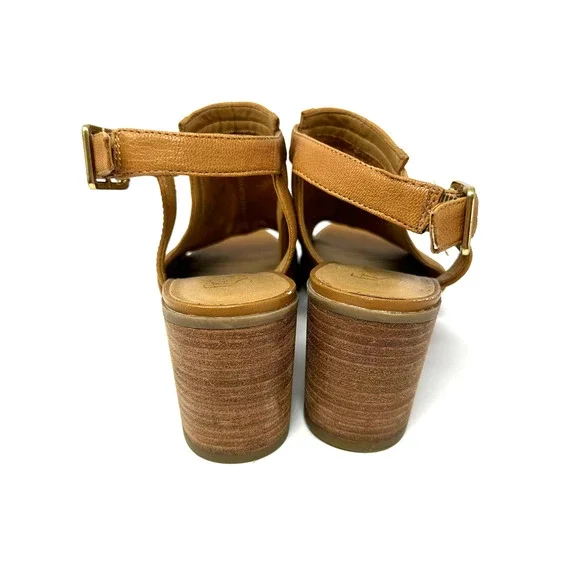 Franco Sarto size 7.5 leather brown chunky heels strap back open toe - Picture 4 of 8